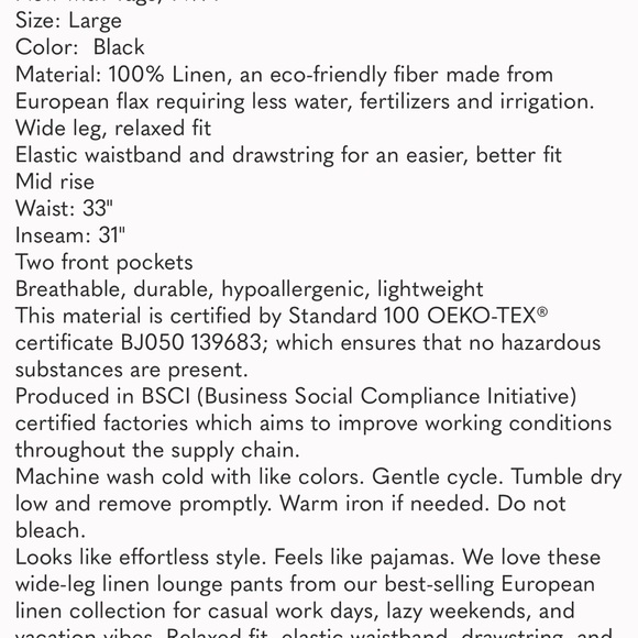 100% European Linen Wide Leg Pant NWT Large Black - Picture 8 of 8